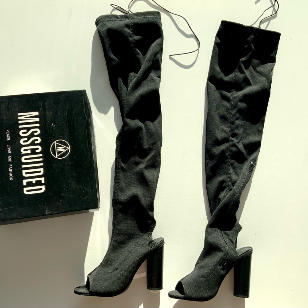 Open toe thigh high chunky heel boots